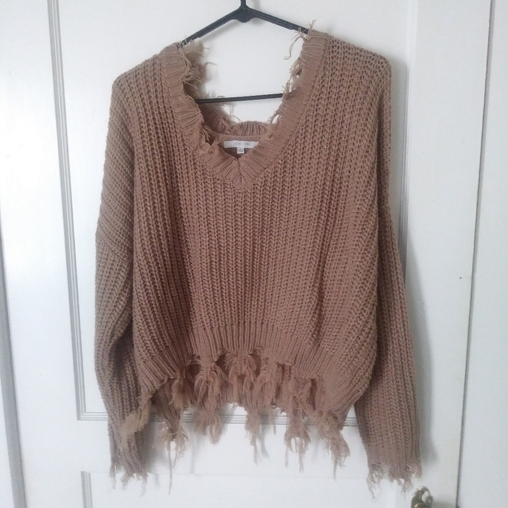 Light brown Love Tree frayed sweater